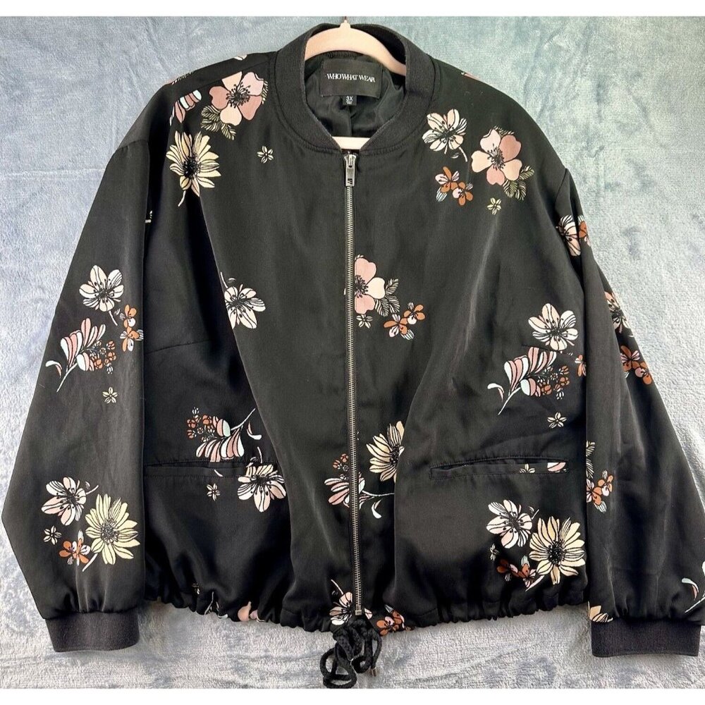 WHO WHAT WEAR Floral Jacket Women’s 3X Black Fall Zipper‎ w/ Pockets Cinch Waist